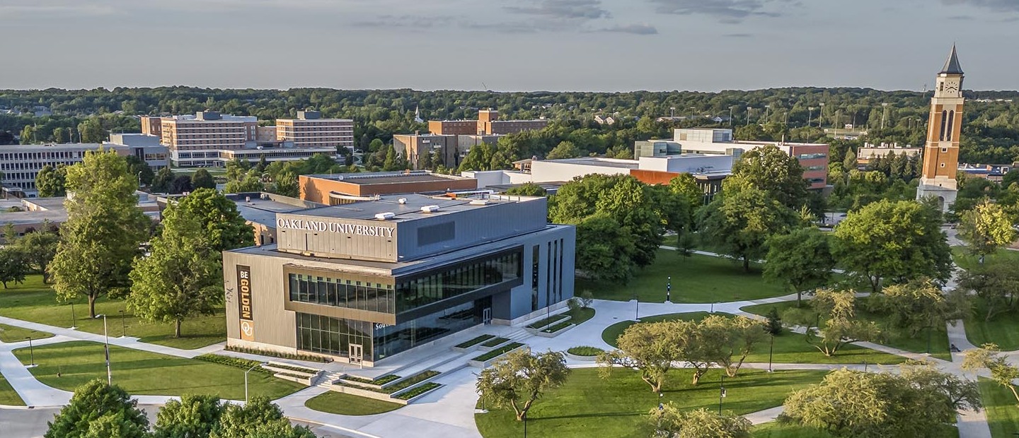 An aerial shot of Oakland University's campus