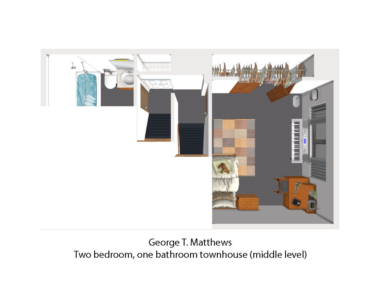 The second image for the George T. Matthews apartments shows the ascending staircase from the second floor, leading to the middle third floor of the unit. Directly to the right of the top of the ascending staircase is the first of two bedrooms in the unit. Like the living room, it takes up roughly half of the image, and is shown to be located above the living room. The top-most wall of the bedro