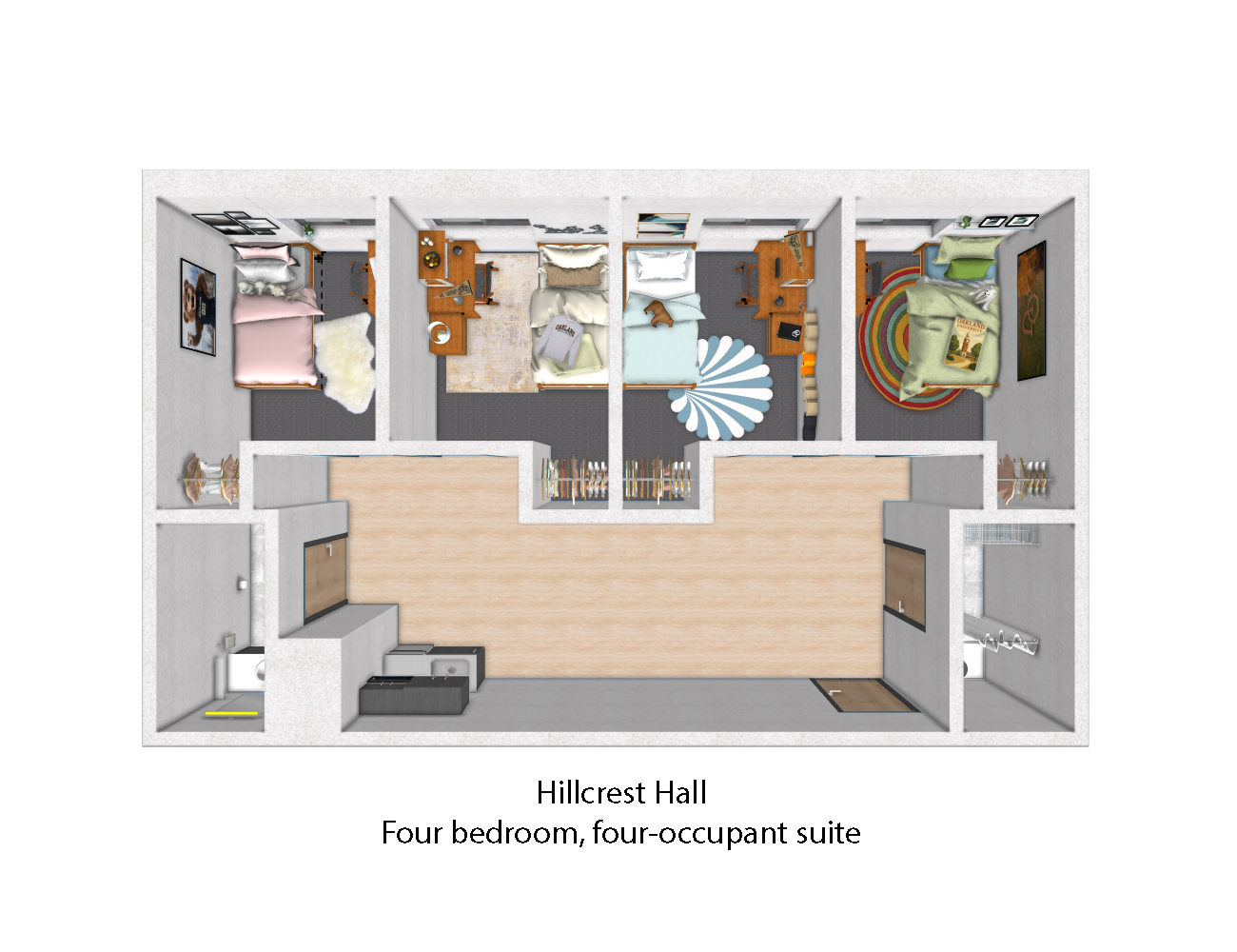 The suite layout is presented as a horizontal rectangle. The rectangle is divided into seven primary sections. Four individual bedrooms with separate entrances are aligned horizontally at the top of the suite layout, taking up roughly one-half of the total space within the suite. Each bedroom has its own closet space located near the entrance of the room. The bottom half of the horizontal rectan