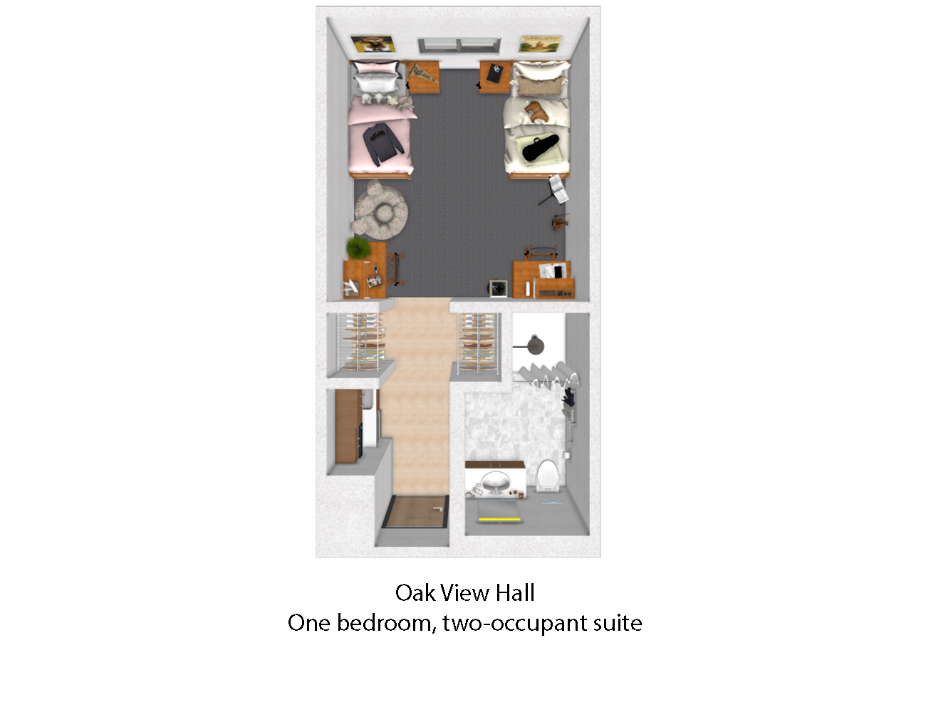 The suite layout is presented as a vertical rectangle. At the bottom half of the rectangle is the entrance to the suite, which is presented as a wide hallway. On the right side of the hallway, by the entrance, is the suite’s shared bathroom. On the left side of the hallway by the entrance is the suite’s kitchenette. Farther down the hallway, past the kitchenette and bathrooms, are two closet ar