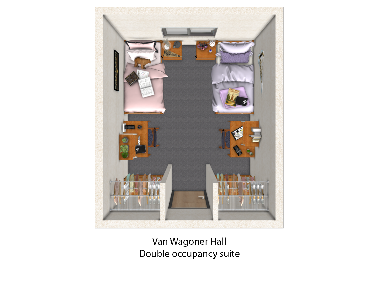 The suite layout is presented as a square. The entrance to the suite is in the middle of the bottom wall of the square. Above the door in the design, is the shared bedroom of the suite. On the bottom right and left corners of the suite, are two closet areas.