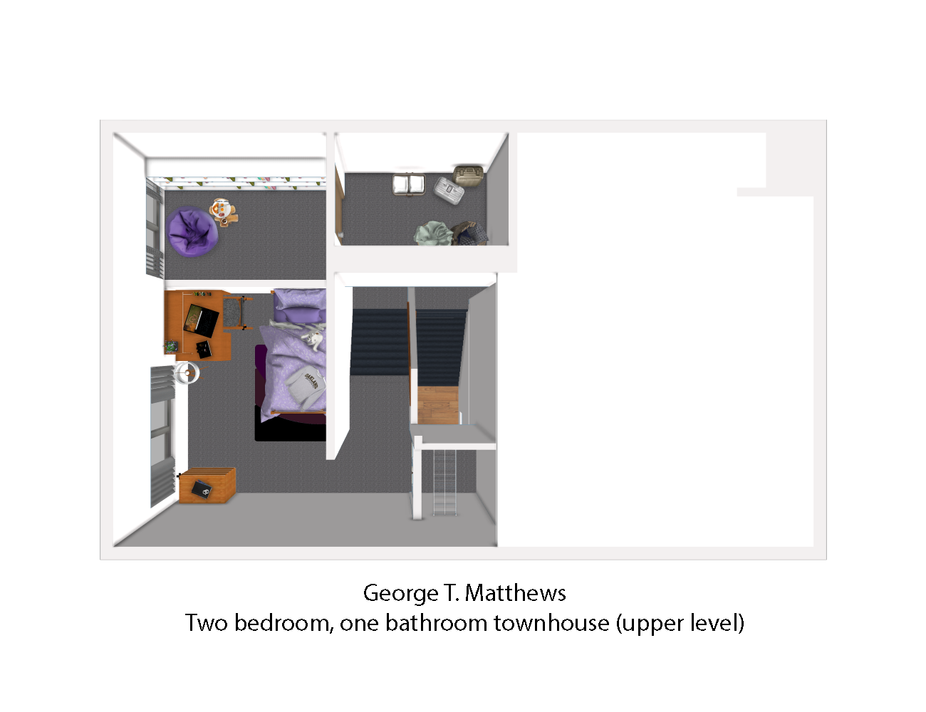 The third image for the George T. Matthews apartments shows the second ascending staircase leading up to the fourth and top floor of the unit. Whereas the bedroom on the third floor took up the right half of that floor, the bedroom on this floor takes up the left half of this floor. On the image, there is a closet space to the right of the top of the ascending staircase. To the left, is the bedr